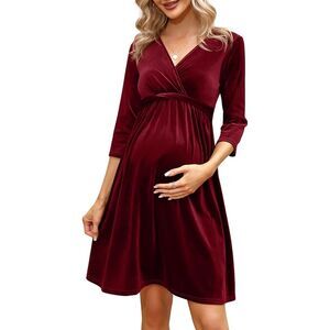 Burgundy Velvet Wrap Front Babydoll Maternity Dress Size Large